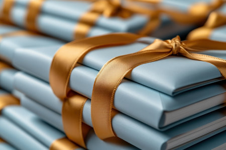 Elegant light blue envelopes, tied with golden ribbons, hold lucky money for spring celebrations These symbolize prosperity and good fortune, perfect for gifting during Lunar New Year, Spring Festival, or other spring events Share joy and blessings with loved ones; usher in happiness and abundance this spring AI Generativeの素材
