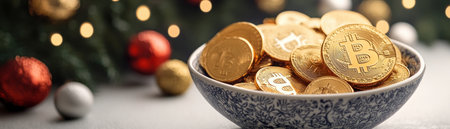 A lavish bowl overflows with glittering gold coins, elegantly displayed on a festive table This image perfectly captures the joyous blend of wealth and holiday cheer Ideal for illustrating articles or social media posts about prosperity and year-end success, it evokes abundant happiness and financial triumph AI Generativeの素材