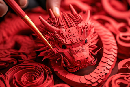 Masterful red paper cuttings depict the twelve Chinese zodiac animals, a vibrant fusion of ancient tradition and modern artistry Intricate designs, testament to generations of skill, showcase delicate details and a unique blend of cultural heritage and artistic expression in stunning masterpieces AI Generativeの素材