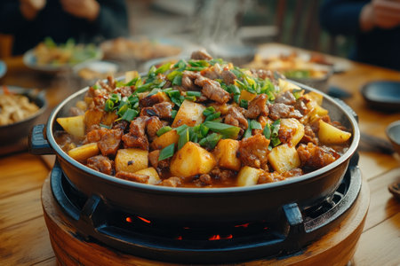 A steaming hot pot, brimming with rich broth, tender meats, and vibrant vegetables, anchors a heartwarming family reunion This culinary centerpiece symbolizes unity and shared joy, embodying cultural heritage and delicious traditions The intimate gathering radiates warmth and connection, a feast for the senses and the soul AI Generativeの素材
