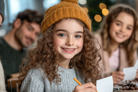 Warm holiday laughter fills the room as family members, gathered close, pen heartfelt thank-you notes The scene overflows with gratitude, strengthening bonds and creating cherished memories Sharing appreciation, they celebrate the joy of family unity and the true spirit of giving thanks AI Generativeの素材