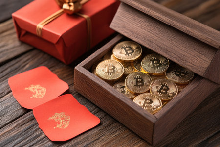A lavish wooden box overflows with gleaming gold coins and a vibrant red envelope This image symbolizes prosperity and auspicious gifting, perfect for marketing wealth, celebrating holidays, or conveying generosity and abundance Rich textures and warm colors evoke joy and festive cheer AI Generativeの素材