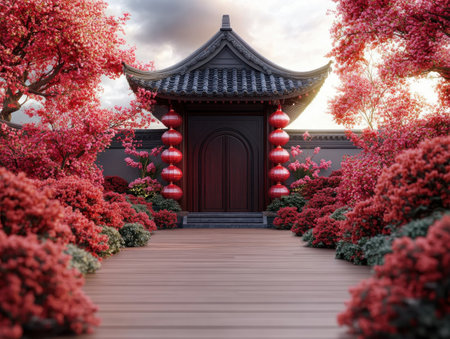 A breathtaking courtyard, ablaze with red decorations and vibrant blooms, offers serenity Meticulously designed for meditation and relaxation, it symbolizes joy, harmony, and tranquility Rich colors and a peaceful atmosphere evoke calm contemplation, showcasing the beauty of nature and design, perfect for representing balance and well-being AI Generativeの素材