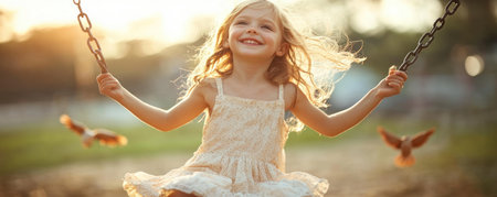 A child's joyous swing soars, a whimsical dance of freedom and magic Sunlight dapples the scene, birds join her flight, painting a tapestry of untarnished bliss Hope and dreams intertwine in this moment of pure, unbridled childhood joy, a testament to imagination's untamed spirit AI Generativeの素材
