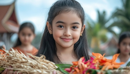 A vibrant village square blossoms with youthful energy as children decorate for a heartwarming celebration Bright flowers, handmade crafts, and traditional elements blend, showcasing cultural heritage and community spirit Their joyful work creates a stunning scene, capturing the essence of shared traditions and festive joy AI Generativeの素材