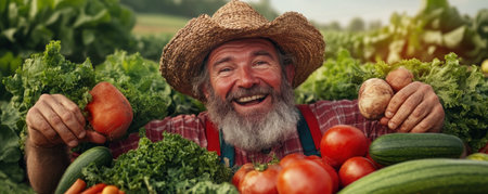 A jubilant farmer beams, showcasing a bountiful harvest a testament to sustainable farming The image celebrates growth, abundance, and community prosperity, highlighting the interconnectedness of nature and human effort It champions local food, healthy eating, and economic sustainability, inspiring support for local farmers and our natural resources AI Generativeの素材