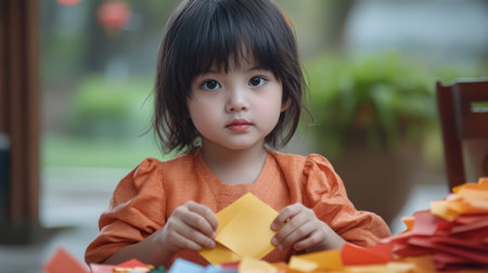 Adorable children craft vibrant lucky money envelopes, celebrating Lunar New Year Their skillful hands create personalized red envelopes, embodying family tradition and festive joy This heartwarming scene captures cultural pride and meticulous artistry Learn to make your own and share the festive spirit! AI Generativeの素材