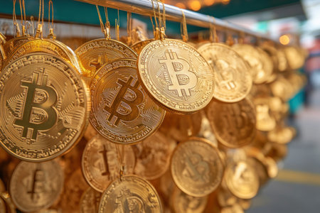 Discover dazzling gold Bitcoin-themed coin decorations at a vibrant market stall These unique ornaments symbolize wealth and prosperity, perfect for holiday gifting or festive home d cor Add a touch of luxury and celebrate the season with these charming, success-symbolizing charms Find your perfect gift at this enchanting market AI Generativeの素材