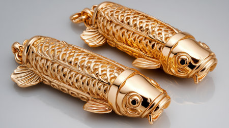 These exquisite handcrafted golden carp charms symbolize harmony, prosperity, and good fortune Representing luck, wealth, and abundance in Asian culture, these elegant koi fish pendants make a perfect gift for celebrations and new beginnings Their positive energy brings symbolic wishes for a blessed life, creating a beautiful and meaningful piece AI Generativeの素材