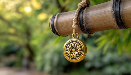A meticulously crafted golden charm, adorned with elegant floral patterns, hangs from natural bamboo Symbolizing strength, luck, and harmony, its rich hue evokes tranquility and balance Perfect for meditation or adding zen to any space, this enchanting piece represents inner peace and mindful living, connecting nature and spirituality AI Generativeの素材