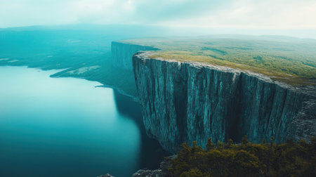 Rugged cliffs, majestic peaks, and pristine lakes form a breathtaking panorama Dramatic valleys and untouched landscapes showcase nature's raw beauty and serene power This awe-inspiring terrain offers adventure and tranquility in a wild, untamed setting AI Generativeの素材