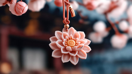 This handcrafted lotus flower charm is a delicate pendant symbolizing purity, prosperity, and good luck Its intricate detail showcases ancient craftsmanship, blending traditional artistry with modern design A serene and elegant amulet, perfect as a gift or a cherished addition to your collection, embodying spiritual growth and timeless appeal AI Generativeの素材