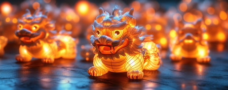 Experience an enchanting Lantern Festival! Glowing zodiac animal lanterns create a mesmerizing spectacle of light and shadow Meticulously crafted, each lantern embodies its zodiac's spirit, offering a breathtaking fusion of tradition and modern artistry Immerse yourself in this unforgettable visual feast AI Generativeの素材
