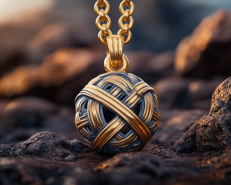 This handcrafted pendant, a meticulously detailed amulet, symbolizes good luck, harmony, and protection Its intricate knotwork design showcases exquisite artistry and enduring beauty A timeless blend of elegance and spiritual significance, it's the perfect gift or a treasured addition to any collection, embodying good fortune and safeguarding energy AI Generativeの素材
