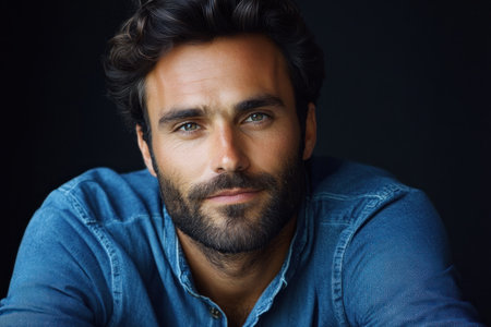 A moody, cinematic headshot of a male model in a denim shirt Expert studio lighting creates depth and emotion against a dark background His intense gaze and captivating expression are perfectly captured in a high-resolution image ideal for professional portfolios and agency submissions Professional, high-quality photography AI Generativeの素材