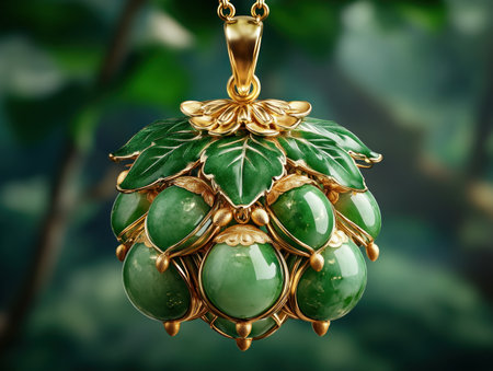This handcrafted gold and jade pendant is a luxurious prosperity charm Meticulously detailed, it symbolizes harmony, protection, and abundance The vibrant jade and gleaming gold create a stunning visual, radiating positive energy and evoking timeless elegance A perfect gift or personal statement piece AI Generativeの素材
