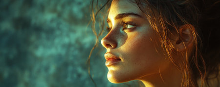 A captivating studio portrait, bathed in warm, golden light against a teal backdrop The cinematic lighting and model's profile create a moody, evocative atmosphere, ideal for editorial, advertising, or artistic use High-resolution, emphasizing beauty and emotion Download now AI Generativeの素材