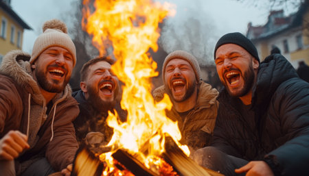Laughter rings out around a crackling bonfire, its warmth mirroring the joyful camaraderie of friends gathered at a winter festival The scene embodies friendship, celebration, and shared happiness, a vibrant testament to belonging and the positive energy of strong bonds AI Generativeの素材