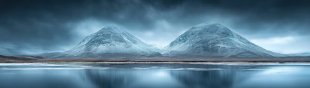 A breathtaking panorama of serene winter majesty unfolds: dramatic cold peaks mirrored in a still, remote lake Isolated mountain ranges rise in pristine wilderness, bathed in dramatic lighting Cold, crisp air creates a mystical atmosphere, evoking solitude and wonder Untamed beauty at its finest AI Generativeの素材