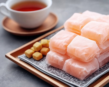 A wooden tray holds a festive scene: lucky red envelopes, pastel sweets, and a warm cup of tea This charming arrangement embodies Lunar New Year traditions, symbolizing prosperity and good fortune Perfect for gifting or family gatherings, it's a delightful blend of custom and celebration, creating lasting memories AI Generativeの素材