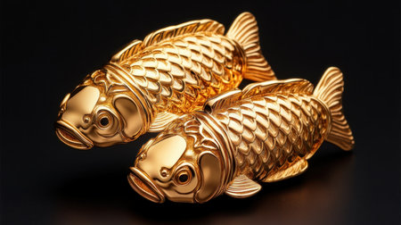 These exquisite handcrafted golden carp charms symbolize harmony, prosperity, and good fortune Intricately detailed, they represent success, wealth, and positive energy Perfect as Feng Shui d cor, a gift, or a collectible, these beautiful charms add meaning and elegance to any space AI Generativeの素材