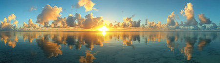 A tranquil sunrise paints the sky in vibrant orange and gold, mirrored perfectly in the still ocean Warm light illuminates clouds, creating a breathtaking scene of peace and serenity This idyllic image evokes calm and tranquility, the perfect start to any day, a moment for meditation and appreciation of nature's AI Generativeの素材
