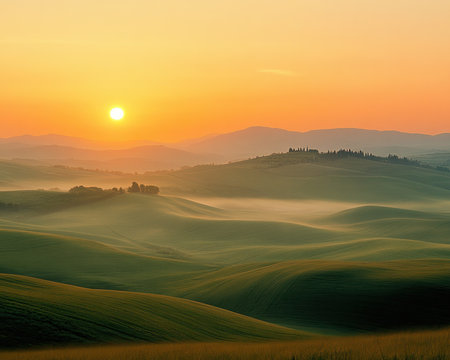 Golden hour paints a serene sunrise over pastoral fields Misty meadows and verdant hills bask in warm light The sun gently rises, illuminating a breathtaking countryside vista Tranquil beauty unfolds in this idyllic dawn scene, capturing nature's captivating charm AI Generativeの素材