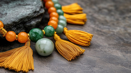 This handcrafted charm melds vibrant jade beads and luxurious golden tassels, symbolizing prosperity, protection, and cultural heritage Meticulously crafted, it embodies wealth and good fortune, showcasing ancient artistic traditions A timeless amulet enhancing well-being and celebrating cultural identity through the elegant union of jade and gold AI Generativeの素材