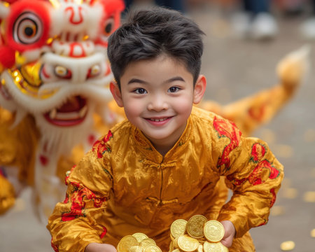 Celebrate Lunar New Year with a spectacular lion dance parade! Witness thrilling performances, vibrant street festivities, and exciting gold coin giveaways Share in the joyful celebrations, prosperity, and good fortune Experience the stunning display of traditional Chinese culture and community spirit AI Generativeの素材