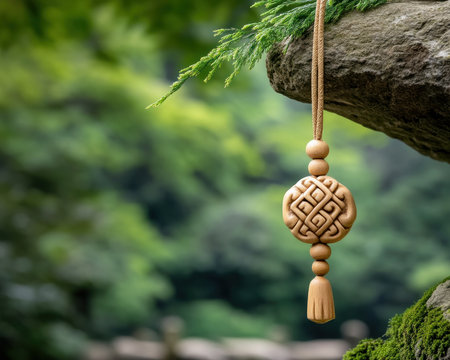 A handcrafted wooden amulet, imbued with Zen garden serenity, blends prosperity, ritual, and tranquility Its intricate design symbolizes balance, good fortune, and spiritual connection, offering hope and inner peace The charm's gentle sway enhances meditative practice, a perfect addition to any mindful space AI Generativeの素材