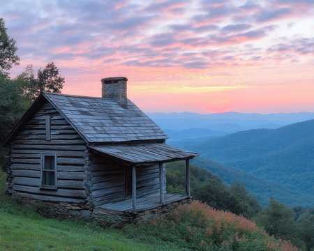 A serene sunrise paints pastel hues across tranquil mountains, illuminating a rustic log cabin nestled in a peaceful pastoral landscape Idyllic countryside, captivating morning light, and breathtaking tranquility evoke calm and serenity, offering nature lovers an escape to perfect relaxation AI Generativeの素材