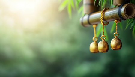 A golden bell charm hangs serenely from handcrafted bamboo, symbolizing strength, good luck, and harmony Sunlight filters through lush leaves, creating a peaceful, auspicious atmosphere Perfect for meditation, Feng Shui, or adding Asian-inspired elegance and positive energy to your home AI Generativeの素材