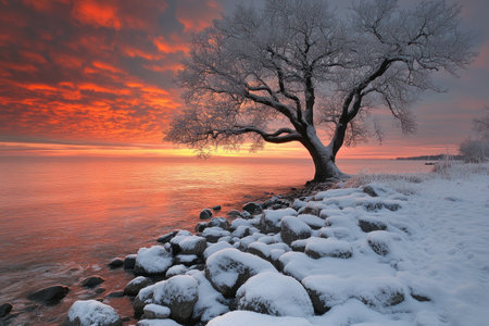 A fiery sunrise paints a winter sky, warming the horizon A lone snow-laden tree stands guard on the frozen lake shore, its branches mirroring the radiant light Vibrant colors reflect in the tranquil water, creating a magical, serene scene Nature's artistry unfolds in this frosty, enchanting landscape AI Generativeの素材