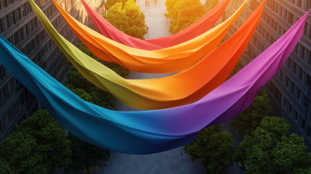 A vibrant community transformed a shared square with colorful banners, symbolizing unity, joy, and festive spirit Neighbors collaborated, creating a breathtaking display of pride and shared identity The banners represent unity, hope, and cultural diversity, capturing the essence of togetherness and artistic expression in a lively urban scene AI Generativeの素材