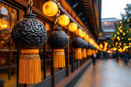 An enchanting festive display radiates balance, serenity, and prosperity Ornate lanterns, intricate carvings, and vibrant tassels create a captivating atmosphere of peace and abundance This elegant, traditional celebration embodies harmony, reflecting the joyous spirit of the season AI Generativeの素材