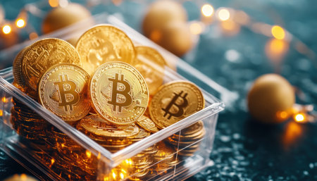 A transparent box overflows with glowing gold coins, illuminated by festive lights This vibrant scene symbolizes wealth, prosperity, and financial success, perfect for celebrating holidays like Christmas and New Year Bitcoin and cryptocurrency investments are represented in this image of abundant riches and joyful financial freedom AI Generativeの素材