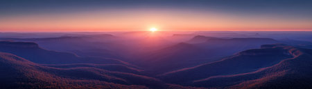 A breathtaking sunrise panorama unfolds: misty mountains bathed in golden dawn light The majestic sun ascends, casting a warm glow on a tranquil scene The horizon meets the sky in a symphony of colors, capturing the serenity and peace of a new day's gentle beginning A masterpiece of nature's artistry AI Generativeの素材