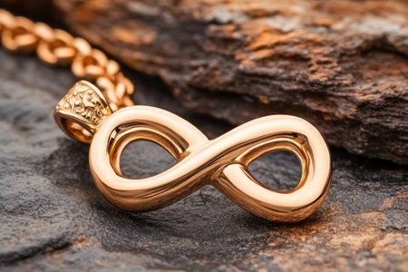This gold infinity charm pendant embodies unending fortune and harmonious balance Meticulously crafted, it's a perfect gift symbolizing infinite love and enduring success Wear it as a reminder of limitless potential, inner peace, and wealth, experiencing timeless style and eternal blessings AI Generativeの素材
