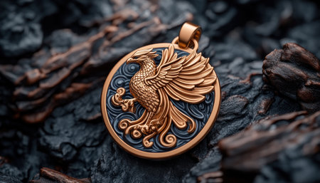 This handcrafted gold and rose gold phoenix charm pendant symbolizes rebirth, success, and good fortune Its intricate circular design showcases exquisite detailing An elegant statement piece, perfect for gifting or adding to your own collection, it embodies power, resilience, and hope AI Generativeの素材