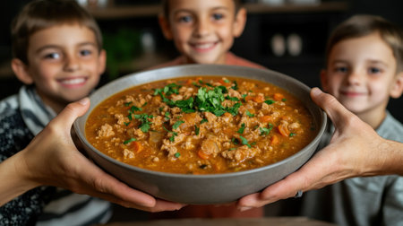 A steaming bowl of homemade soup is shared around a family dinner table, a heartwarming scene radiating joy, unity, and love This image embodies wholesome family bonding, cherished traditions, and the simple pleasures of life Perfect for evoking warmth and happiness in blogs, websites, and social media AI Generativeの素材