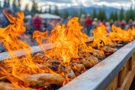 A magical outdoor family reunion dinner Warm fire pits illuminate loved ones sharing food, laughter, and cherished memories under the stars The ambiance is celebratory and heartwarming, creating an unforgettable experience perfect for capturing precious moments together AI Generativeの素材