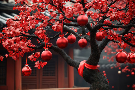 A tree, elegantly adorned with vibrant red ornaments and ribbons, embodies the winter holidays This captivating image blends natural beauty with festive celebration, showcasing a unique perspective on holiday decor Its rich palette and meticulous detail evoke warmth, joy, and the festive spirit, ideal for cards, marketing, and seasonal celebrations AI Generativeの素材