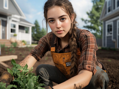Bathed in sunlight, a young woman with braided hair happily tends her vibrant summer garden Wearing overalls, she cultivates flourishing plants, a shovel resting nearby This peaceful outdoor scene embodies a healthy lifestyle, combining the tranquility of nature with the rewarding hobby of home gardening AI Generativeの素材