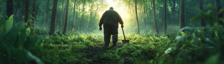 Sunlight dapples a tranquil forest clearing where a lone figure, shovel in hand, cultivates the earth Towering trees and lush greenery surround him, creating a scene of peaceful solitude This image embodies the simple joy of connecting with nature, perfect for showcasing outdoor hobbies and the restorative power of the AI Generativeの素材