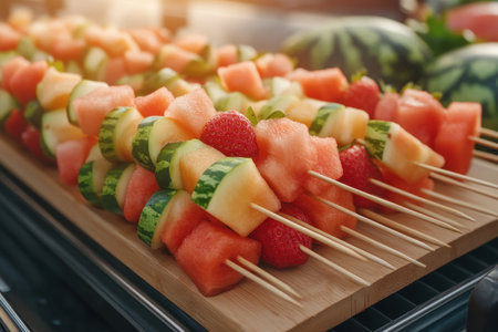 Beat the heat with vibrant summer fruit skewers! Watermelon, strawberry, and cantaloupe combine in a refreshing and easy-to-make treat Perfect for parties, BBQs, or picnics, these colorful kabobs are a healthy, crowd-pleasing dessert or snack that's guaranteed to be a hit Simply delicious! AI Generativeの素材
