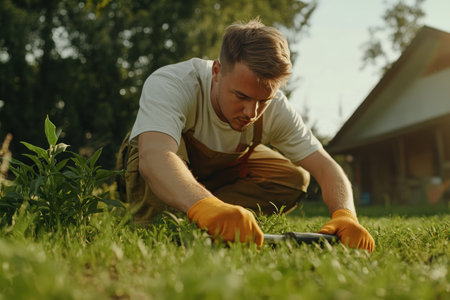 A hobbyist gardener cultivates a vibrant backyard oasis on a sunny day Neatly arranged tools surround thriving greenery bathed in sunlight This peaceful weekend project showcases effortless garden maintenance, a green thumb's passion, and the joy of creating a beautiful, healthy outdoor space AI Generativeの素材