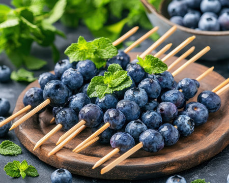 These refreshing blueberry skewers are the perfect summer appetizer or dessert Sweet, simple, and elegant, they're ideal for barbecues, picnics, and parties Easy to make ahead, these vibrant, healthy skewers offer a quick, delicious, and visually appealing treat A simple recipe for a refreshing summer snack AI Generativeの素材