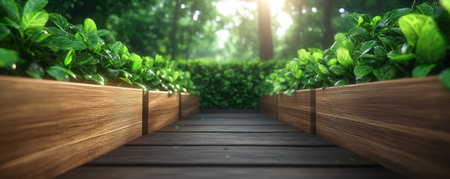 Warm sunlight bathes a tranquil backyard where a gardener cultivates vibrant greenery in raised wooden beds Overflowing planters showcase healthy plants, a testament to the rewarding hobby This idyllic scene inspires relaxation, outdoor living, and a deep connection with nature's restorative power AI Generativeの素材