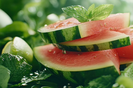Cool, refreshing watermelon slices, adorned with fresh mint, make a vibrant and elegant vegan appetizer Perfect for summer gatherings, this simple yet delicious snack offers a hydrating, healthy treat Sweet watermelon and minty freshness combine for a delightful flavor, showcasing the beauty of plant-based cuisine AI Generativeの素材