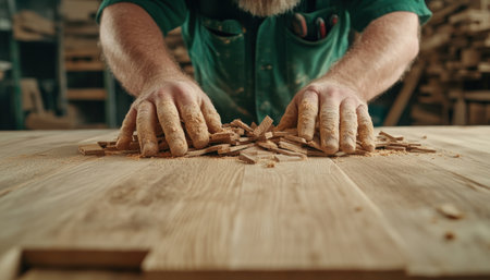 Expert hands meticulously install beautiful wood planks, showcasing precision and dedication in this close-up The image reveals the artistry of residential woodworking, highlighting the skilled placement of each plank and the creation of exceptional, stunning wood floors Manual labor at its finest AI Generativeの素材